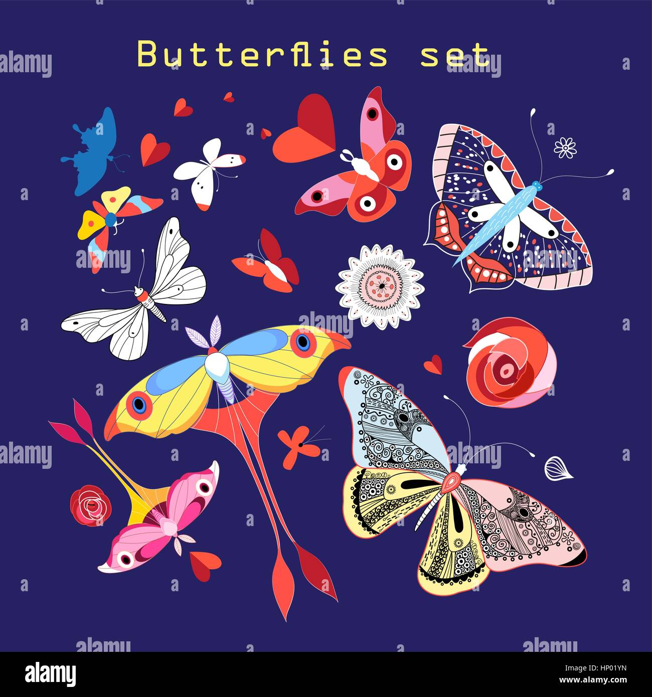 Vector set of various beautiful butterflies on a dark blue background ...