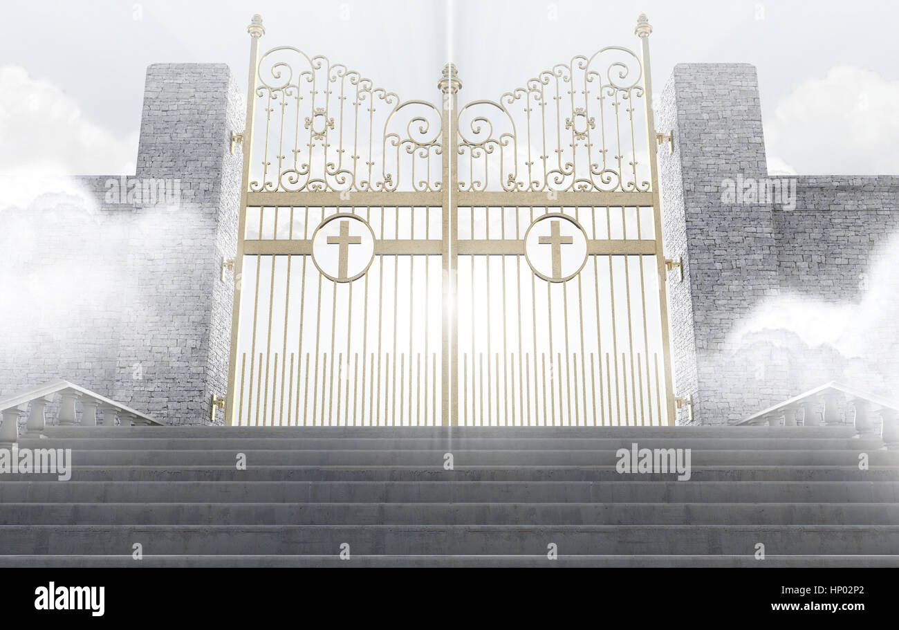 A concept depicting the majestic pearly gates of heaven surrounded by clouds and the staircase leading up to them - 3D render Stock Photo