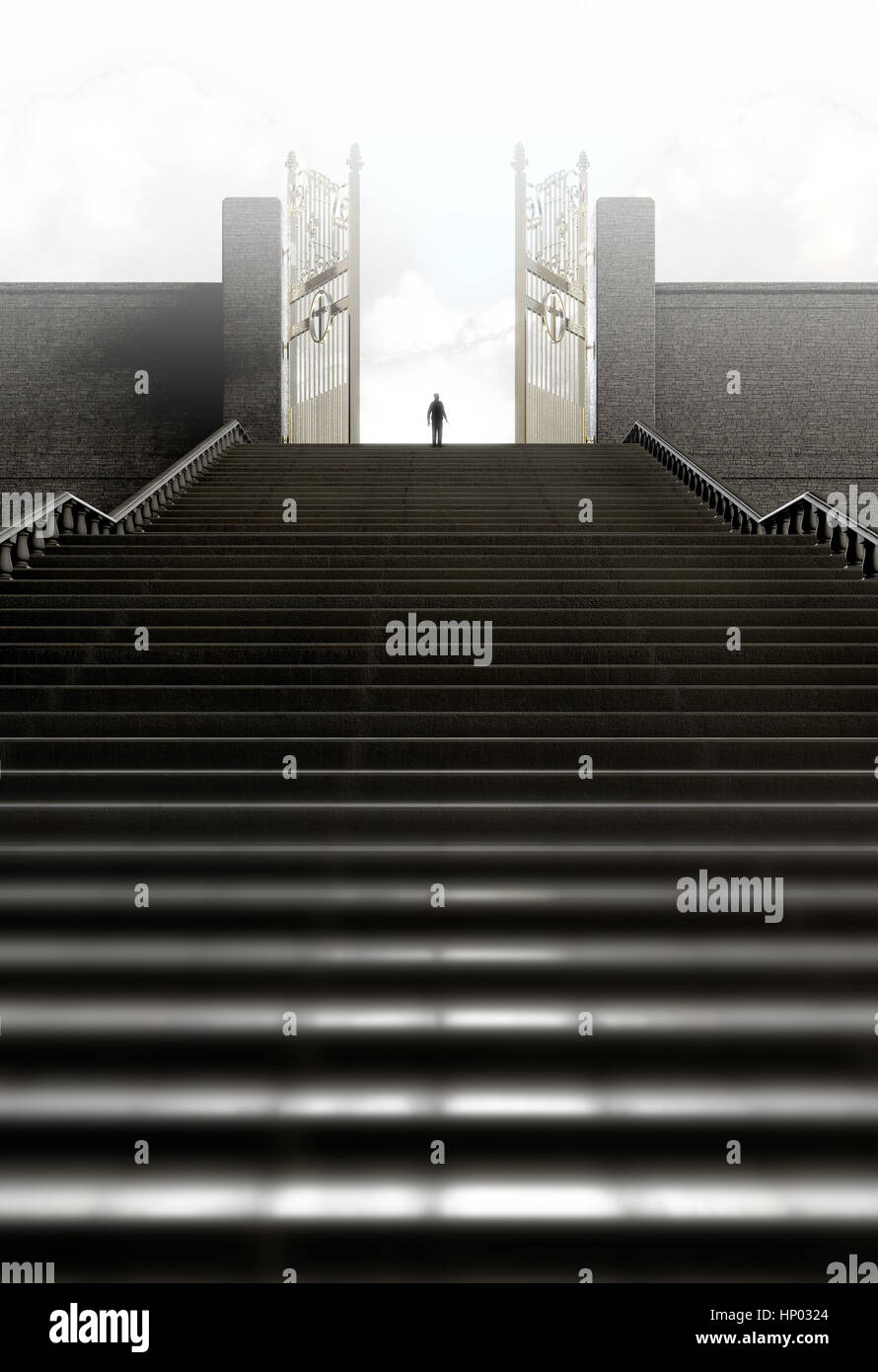 A concept depicting a person standing at the top of a staircase towards the open gates leading to heaven  - 3D render Stock Photo