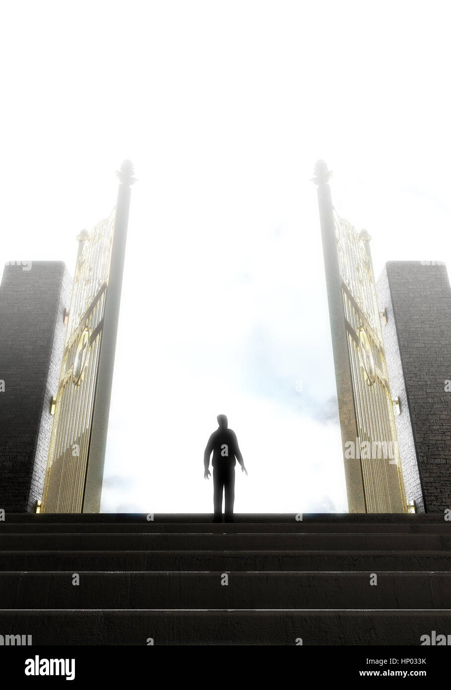 A concept depicting a person standing at the top of a staircase towards the open gates leading to heaven  - 3D render Stock Photo