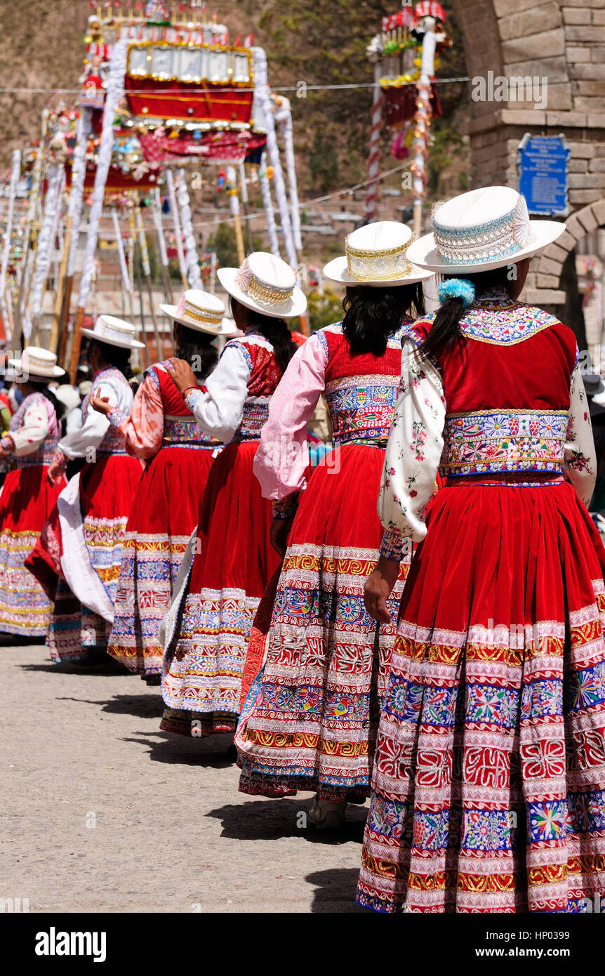 South America, Dancers in traditional dresses on the festival Wititi ...