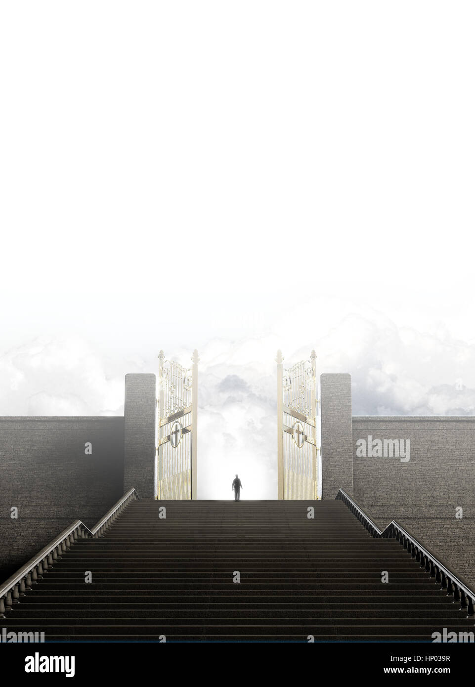 A concept depicting a person standing at the top of a staircase towards the open gates leading to heaven  - 3D render Stock Photo