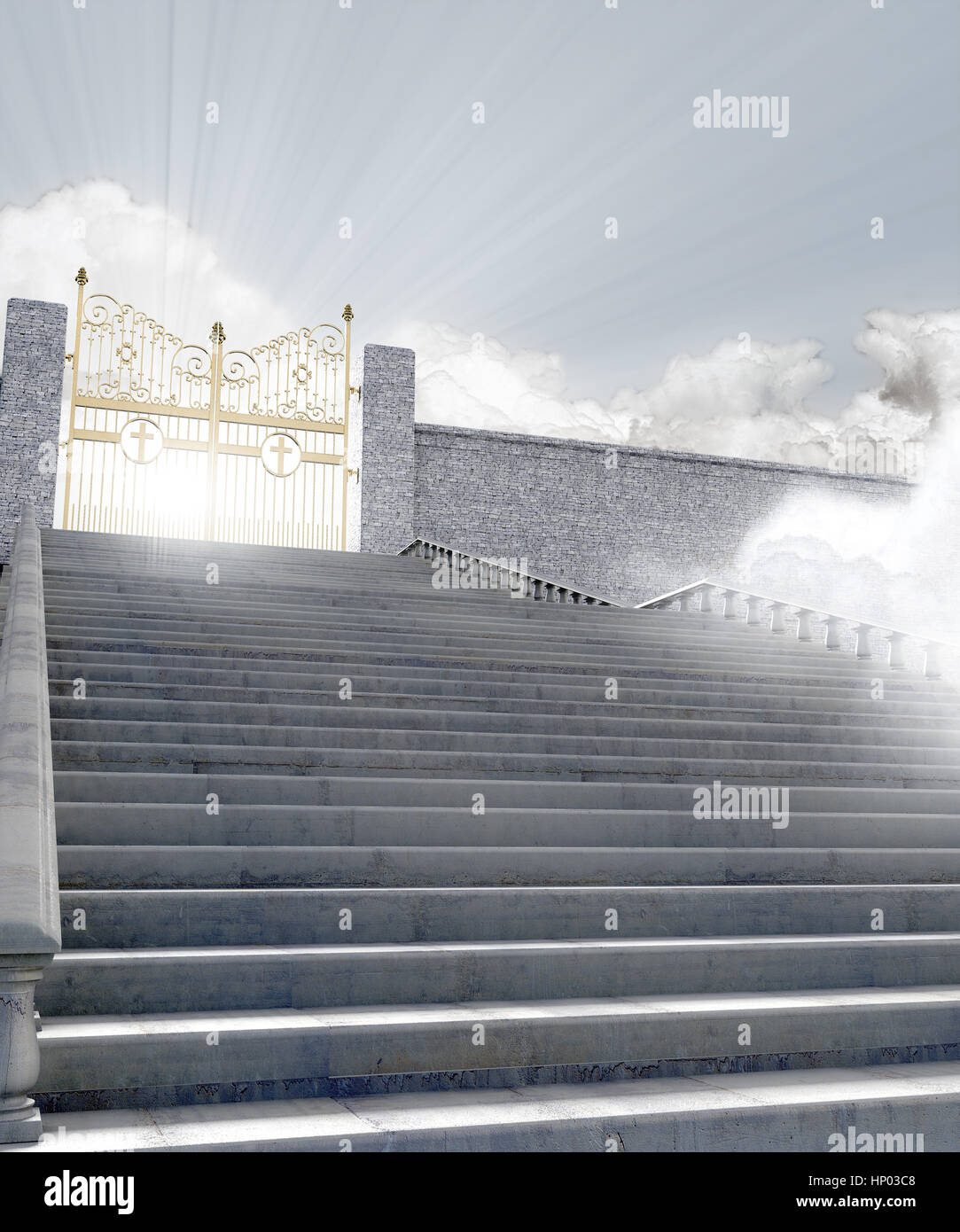 A concept depicting the majestic pearly gates of heaven surrounded by clouds and the staircase leading up to them - 3D render Stock Photo