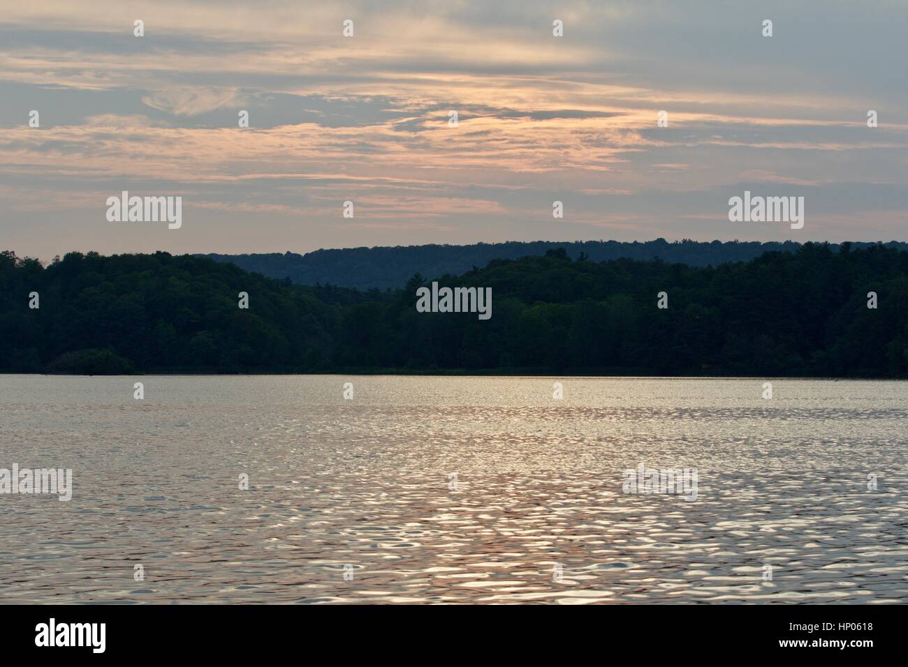 Beautiful landscape with the lake and the forest on the sunset Stock ...