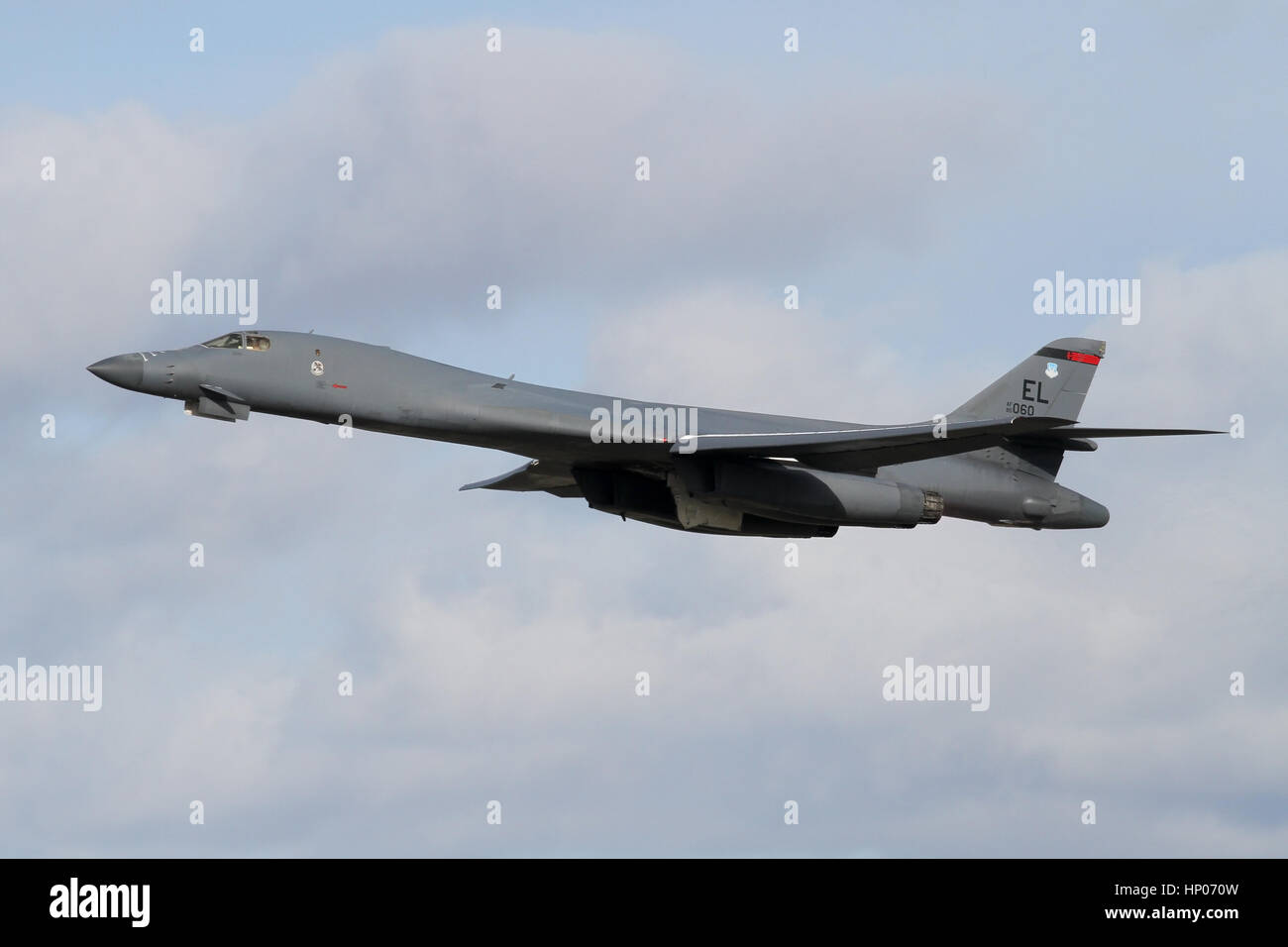 Callsign 'Rama 72', a Rockwell B-1B Lancer departs RAF Mildenhall after diverting in following a maintenance issue a few days before. Stock Photo