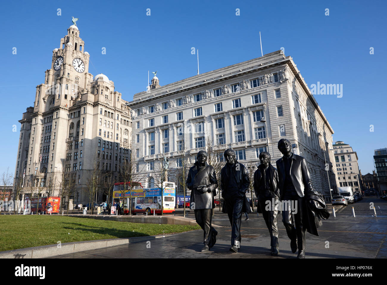 the beatles statue and pier head landmark buildings liverpool uk Stock Photo