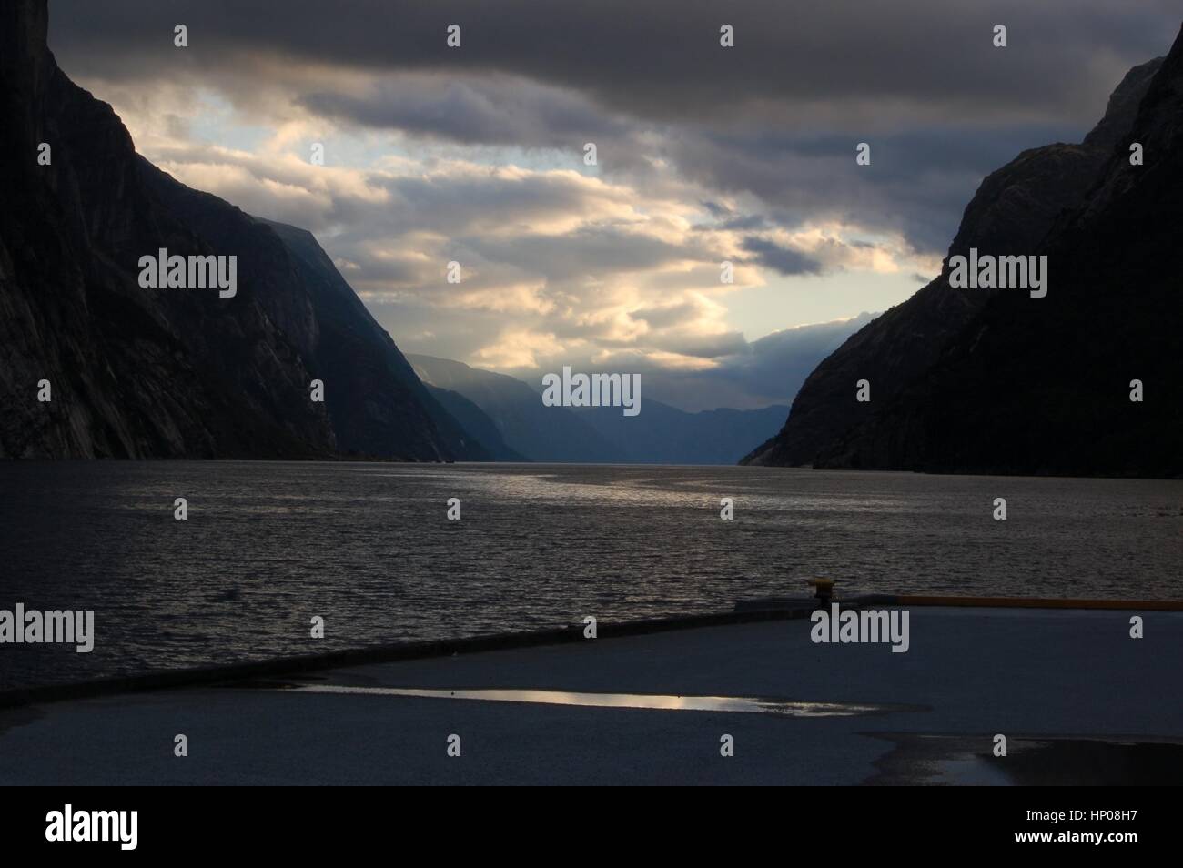 sun setting on the fjord Stock Photo