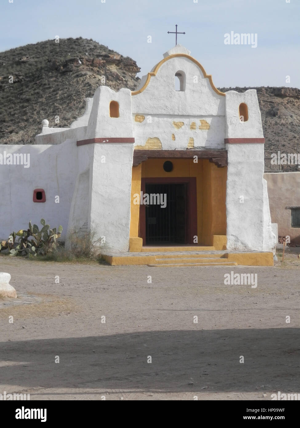 Mexican style Church Building in Fort Bravo Film Set, Tabernas Desert, Almeria, Spain Stock Photo
