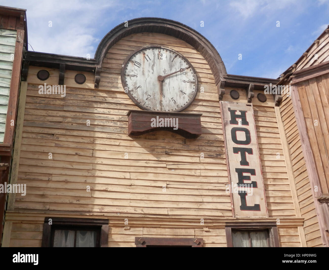 Wooden Hotel building in Fort Bravo Film Set, Tabernas Desert, Almeria, Spain Stock Photo