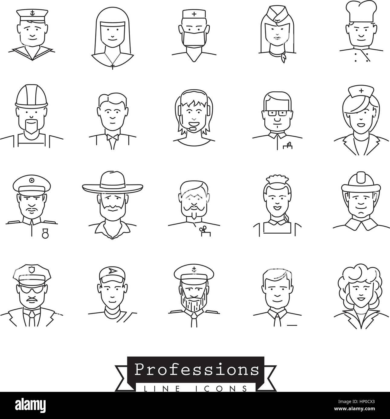 Collection of 25 professional people avatar  line icons Stock Vector