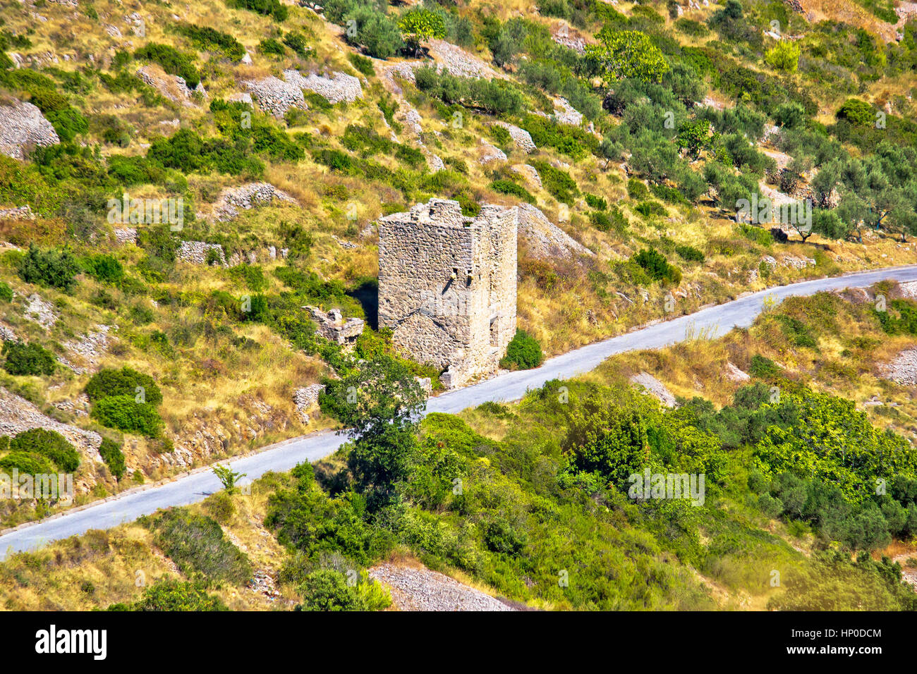 Island Vis military zone old guard tower ruin, Dalmatia, Croatia Stock Photo