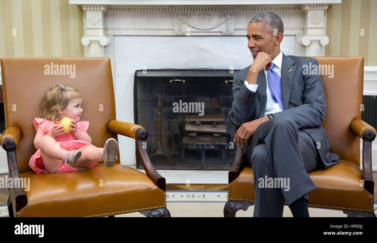 PRESIDENT BARACK OBAMA with David Axelrod's granddaughter Maelin in the VP's chair on 22 June 2016.  Photo: Pete Souza/White House Stock Photo