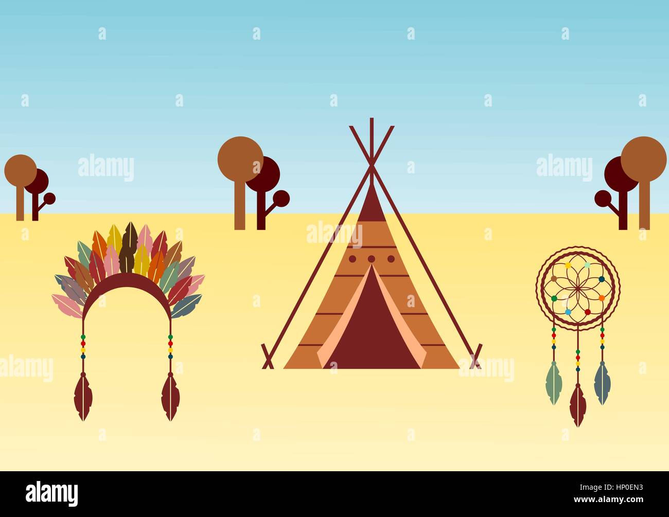 Native American themed illustration with wigwam, dream catcher and headdress. Native American culture concept. Artwork with ethnic design elements. Stock Vector