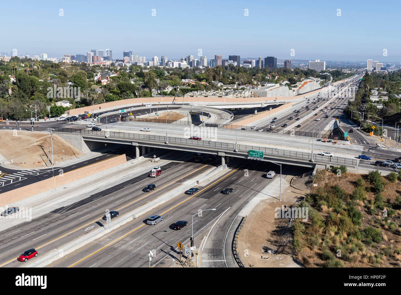 LOS ANGELES, CALIFORNIA - August 17, 2014:  Sunday afternoon traffic on Los Angeles's busy San Diego 405 Freeway at Sunset Blvd. Stock Photo