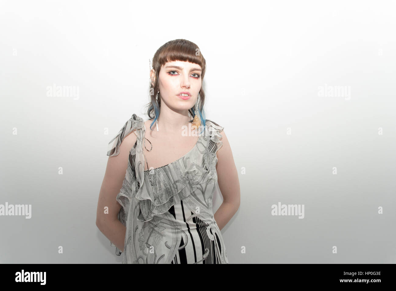 London, UK. 16th Feb, 2017. Portrait of British visual artist Claire Barrow in a private view of 'Dancing With Dreams' - an impressive art piece integrating sculpture, performance, technology, fashion, film, and music that was hosted by Galeria Melissa in Covent Garden. Credit: Alberto Pezzali/Pacific Press/Alamy Live News Stock Photo