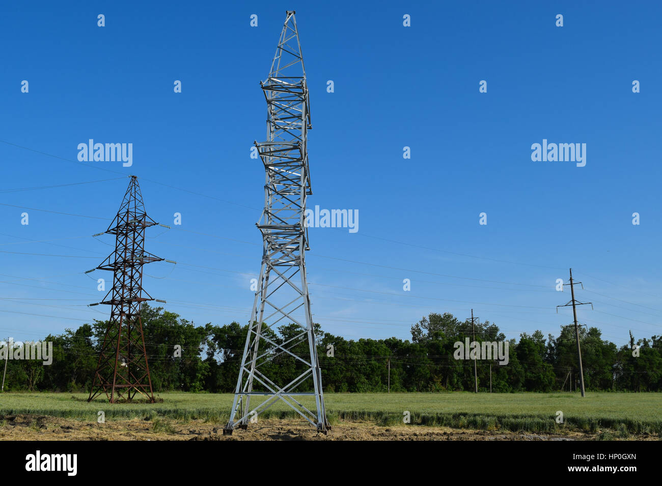 Power line support, insulators and wires. Appearance of a design ...