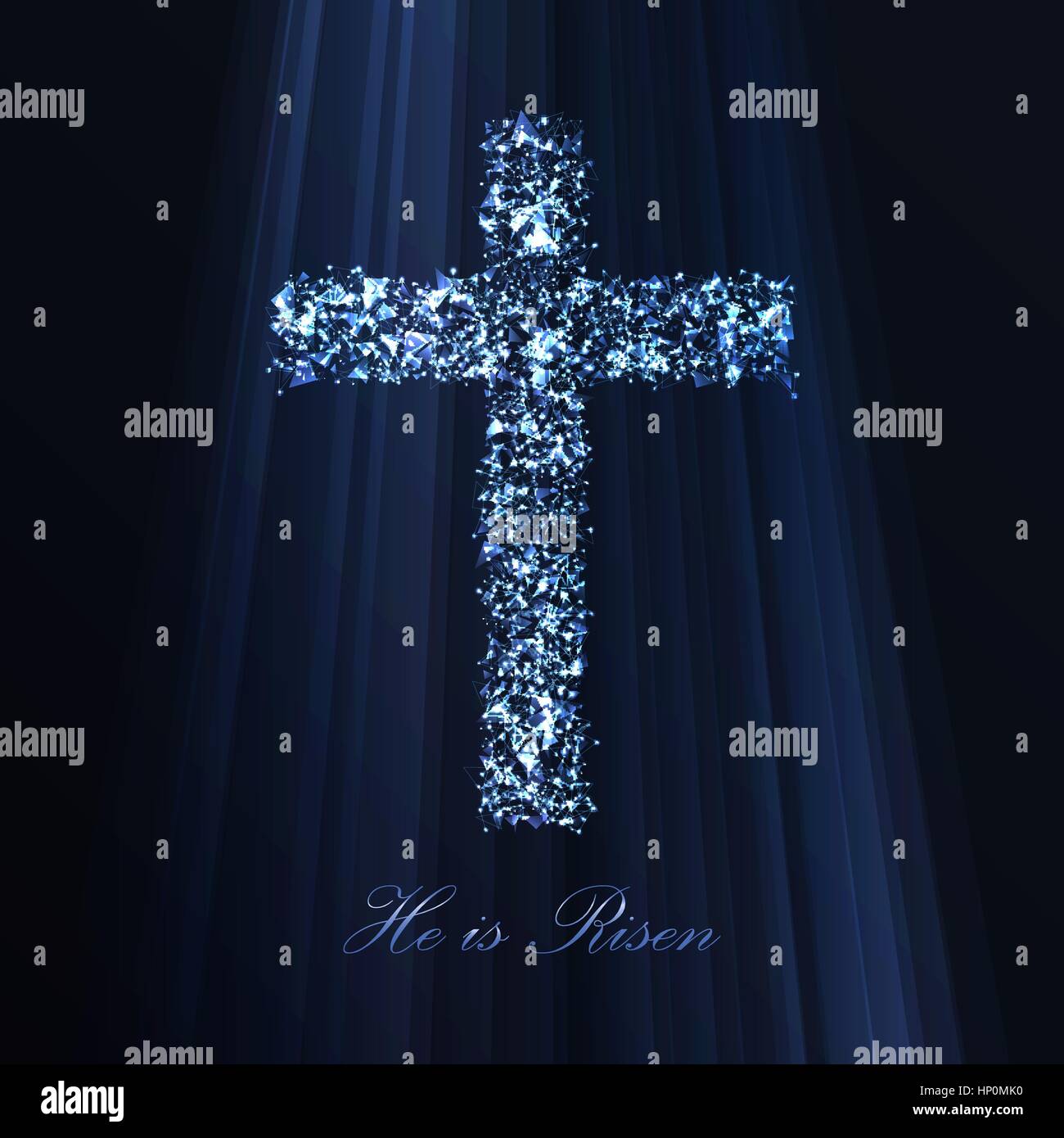 He is risen Easter light background. Vector illustration of abstract christian cross symbol made of polygonal elements, glowing dots and particles for Stock Vector