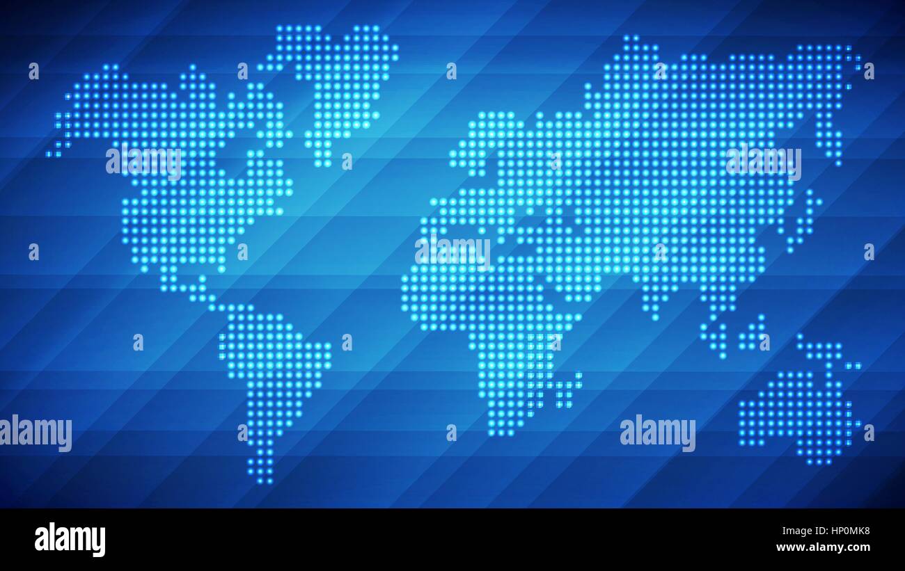 Dotted world map made of glowing dots. Abstract blue light background for your design Stock Vector