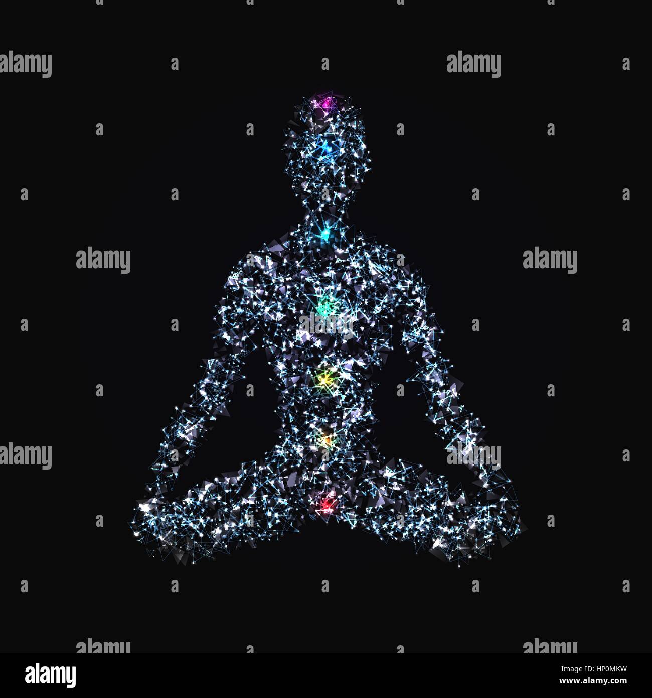 Yoga man in lotus pose with chakras made of polygonal elements, glowing dots and particles for your design Stock Vector