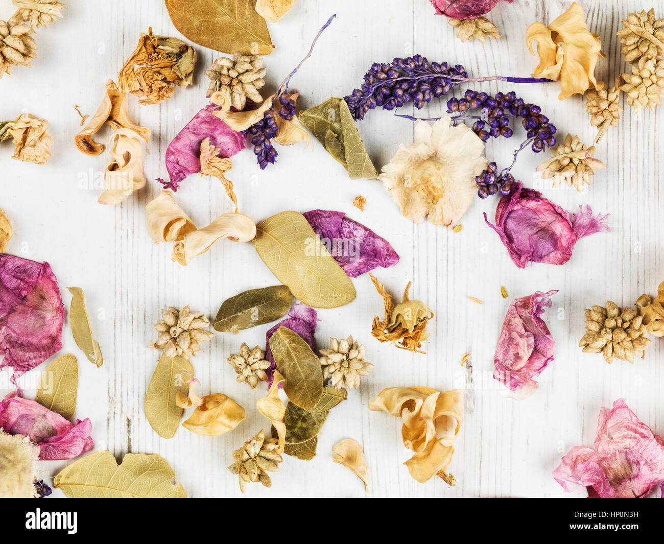 Dried Flowers Potpourri Scented Home Decorations Scattered On A Table Top With No People As A