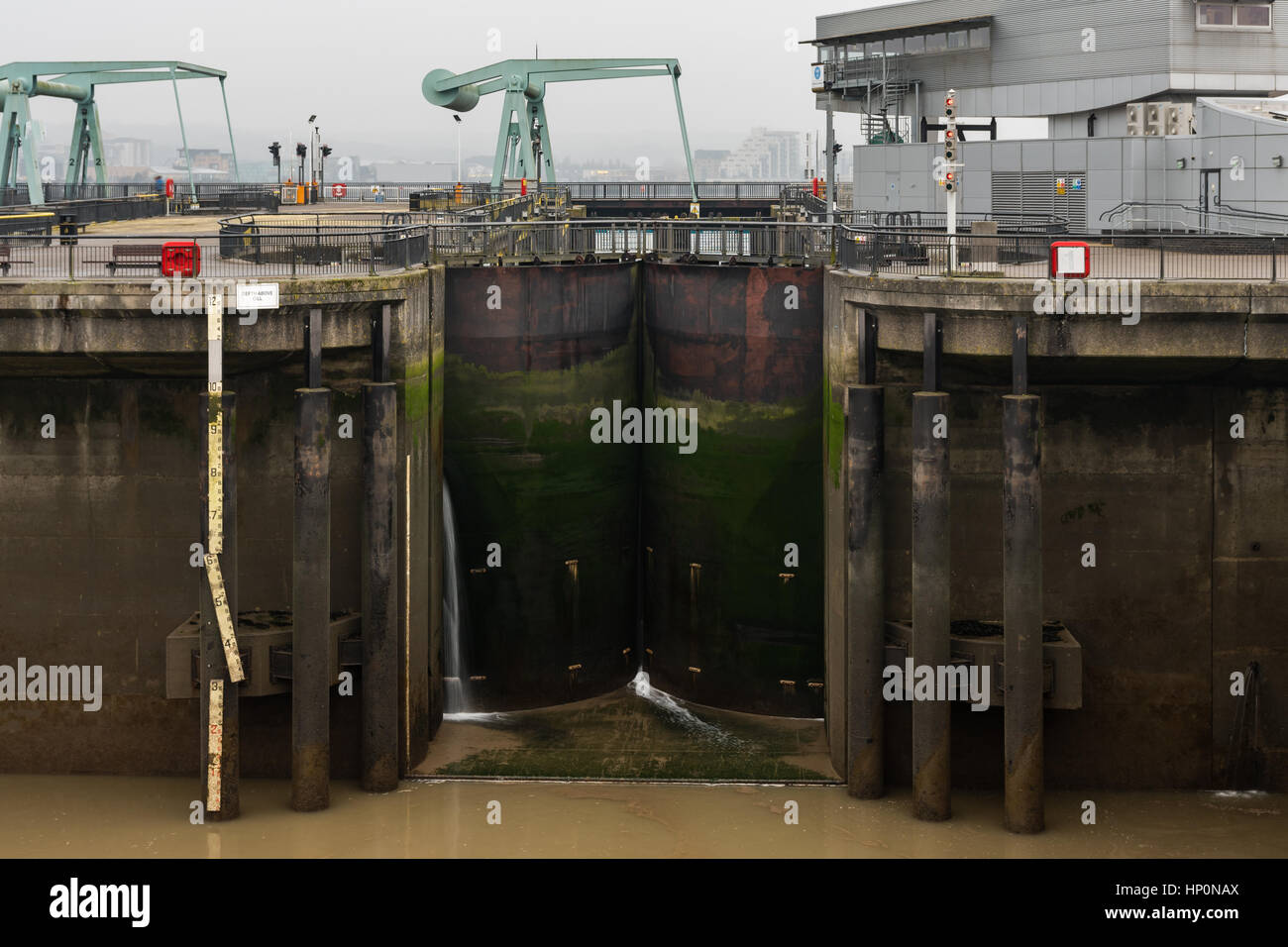 Section of Cardiff Bay barrage including sluice. Seaward side of barage between Queen Alexandra Dock and Penarth Head in Cardiff, Wales, UK Stock Photo