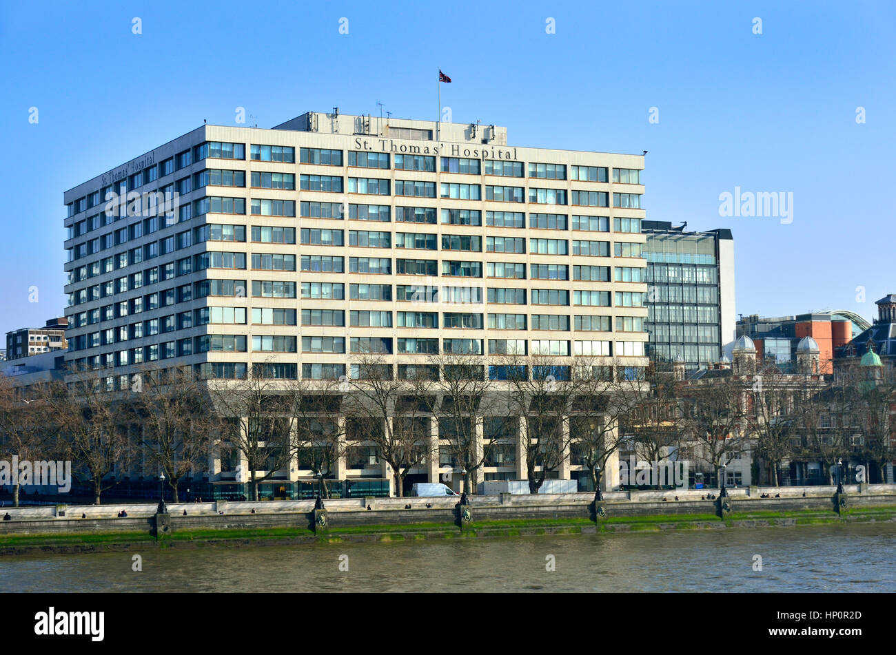 London, England, UK. St Thomas' Hospital, Westminster Bridge Road, overlooking the River Thames Stock Photo