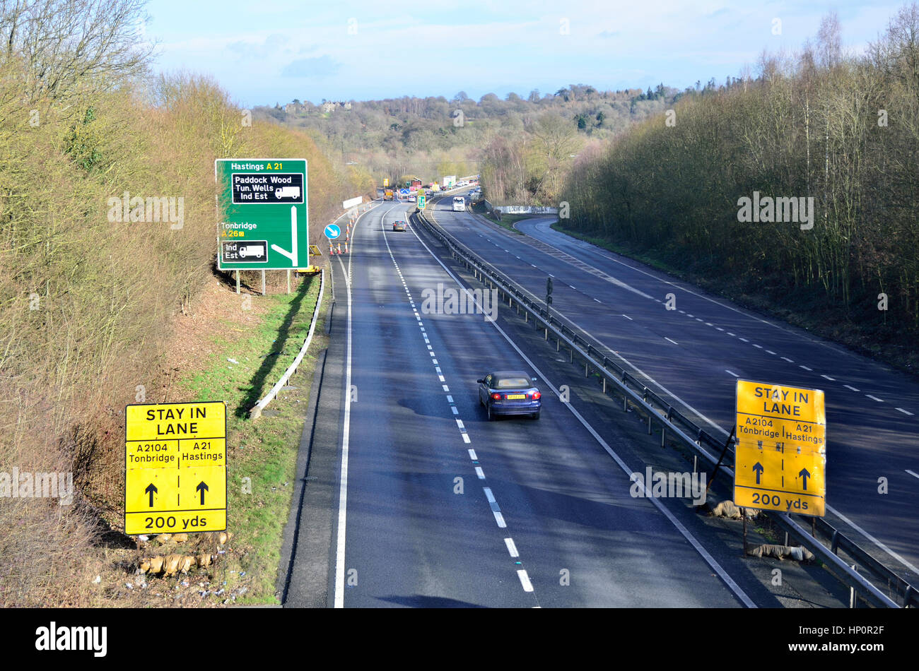 A21 at Tonbridge, Kent. Traffic aproaching a junction Stock Photo