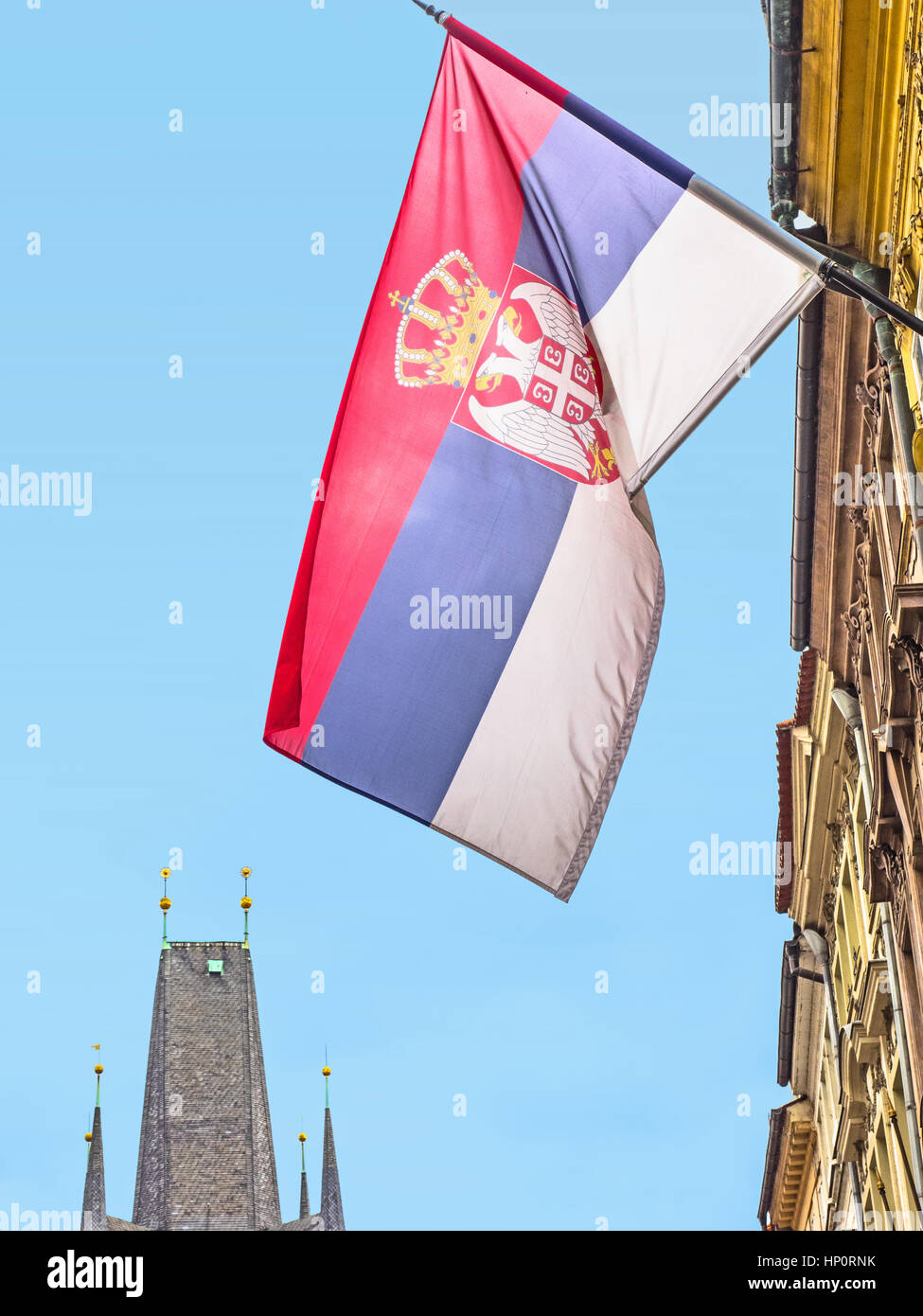 Czech flag and old bridge tower in Prague Stock Photo