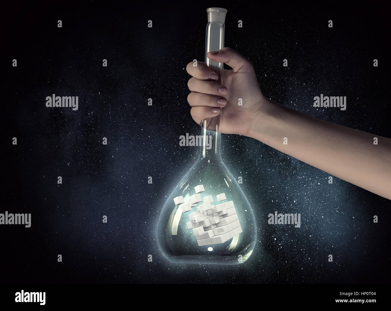 Hand holding glass test tube with cube figure inside. 3D rendering ...