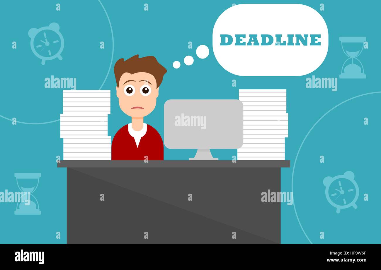 Deadline. Young man sitting in the office thinks about the deadline. Overworked, tired, exhausted, under pressure, character. Stress at work. Vector Stock Vector