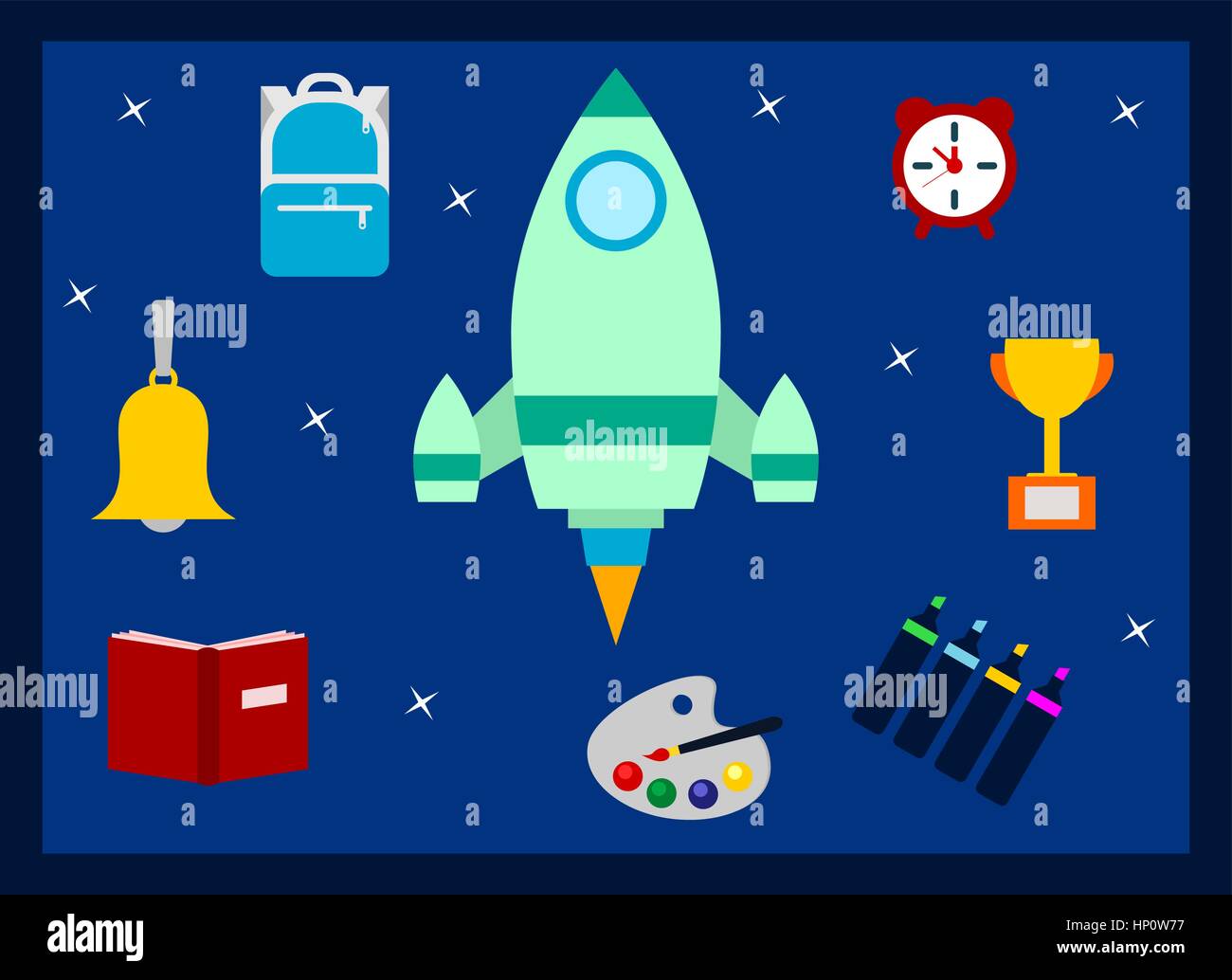 Back to school concept with rocket and school supplies. Backpack, alarm ...