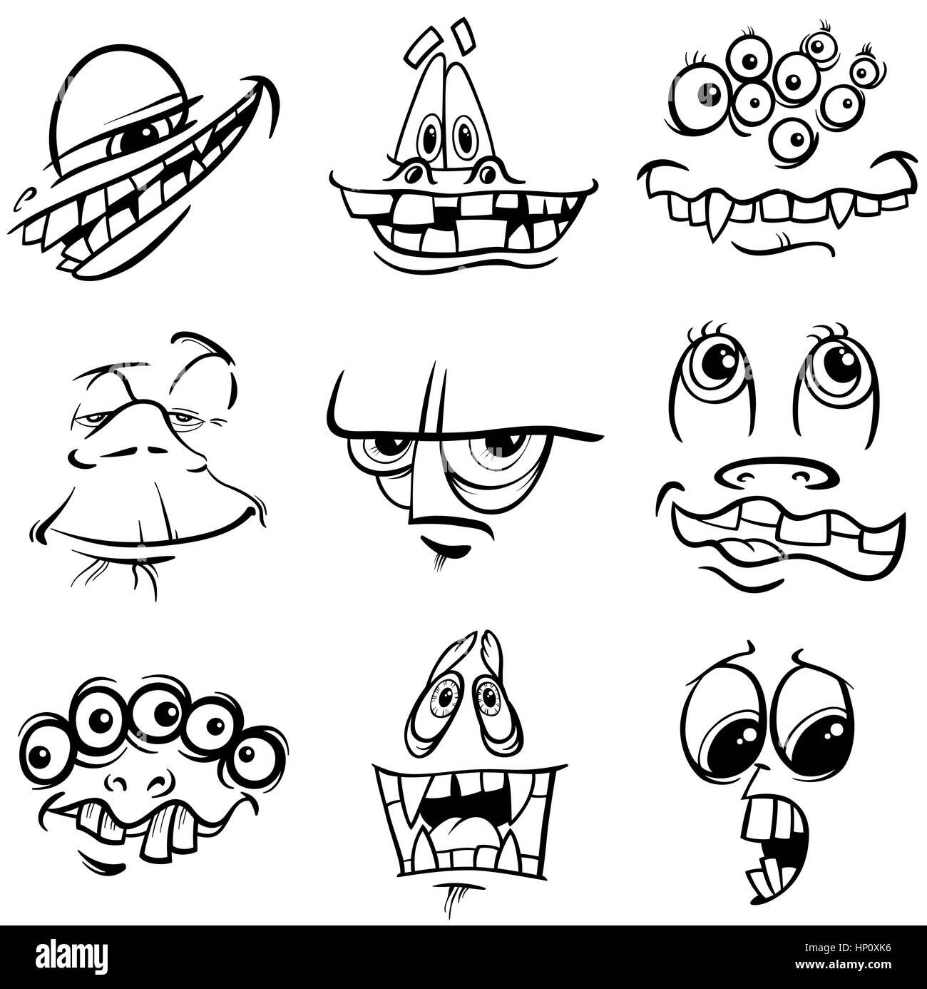 Black and White Cartoon Illustration of Fantasy Monster Characters Faces Set Coloring Page Stock Vector