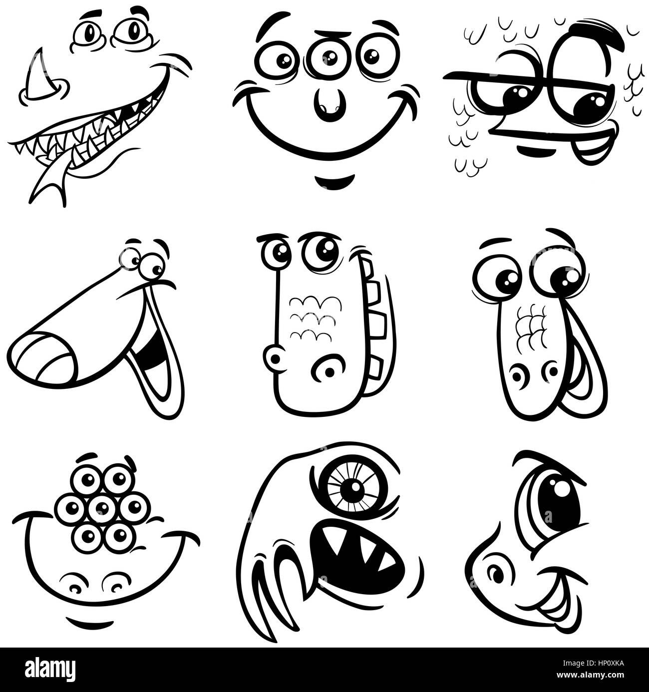 Black and White Cartoon Illustration of Monster Fictional Characters Faces Set Coloring Page Stock Vector