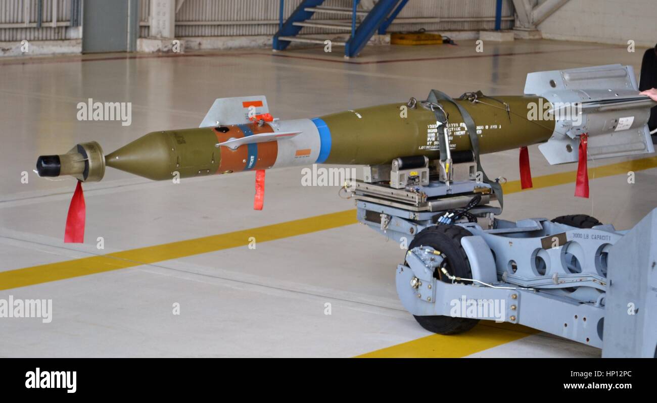 A U.S. Air Force GBU-12 Paveway II aerial laser-guided bomb, based on the Mk 82 500-pound general-purpose bomb. Stock Photo