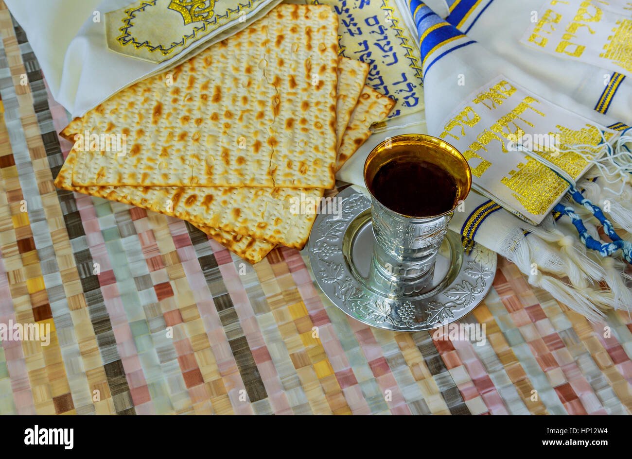 Jewish traditional Passover unleavened bread and a wine