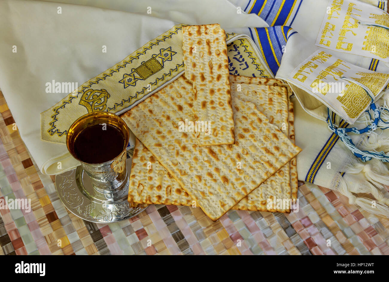 Pesach Stilllife with wine and matzoh jewish passover bread Stock
