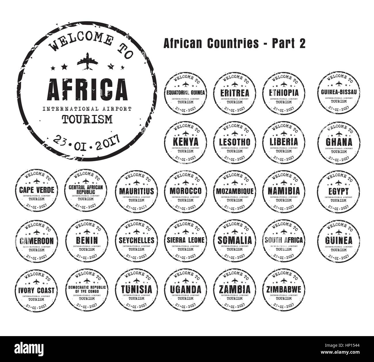 Design old worn stamps passport with the name of the African countries. Templates sign for the travel and airport. Part 2. Set Stock Vector