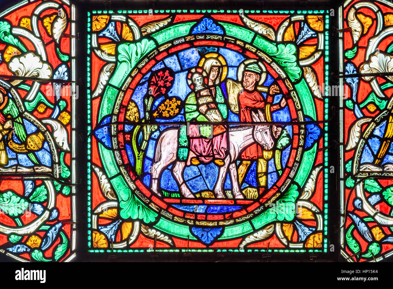 Medieval Stained Glass Window At Canterbury Cathedral England Of The Flight By Joseph Mary And Jesus Into Egypt Stock Photo Alamy