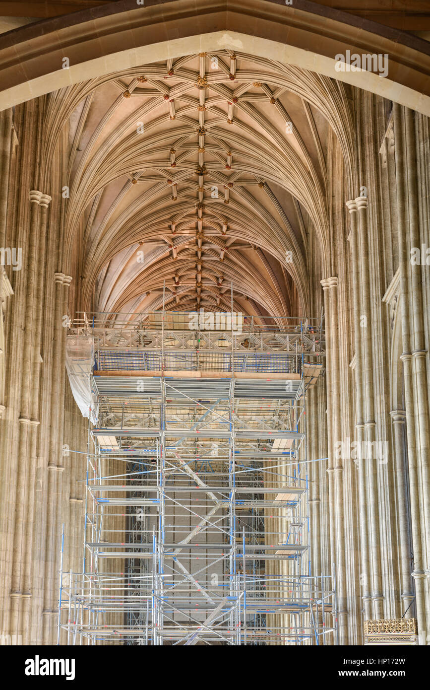 Scaffolding freshly erected in the nave at Canterbury cathedral, England, february 2017. Stock Photo