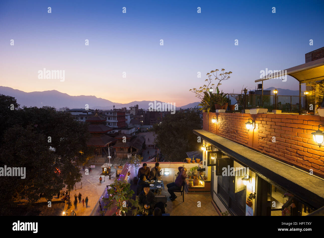 KATHMANDU, NEPAL - 16 December 2016: Restaurant and view over Taleju Temple at Durbar Square, 16 December 2016 in Kathmandu, Nepal Stock Photo