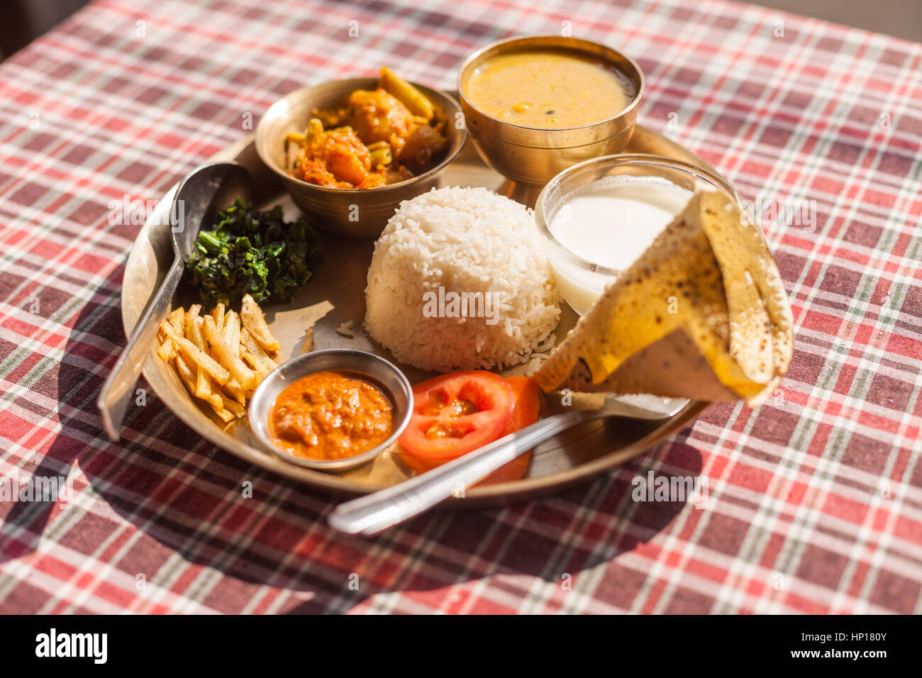 Vegetarian Nepali Thali (Dal Bhat) set, the traditional dinner dish of