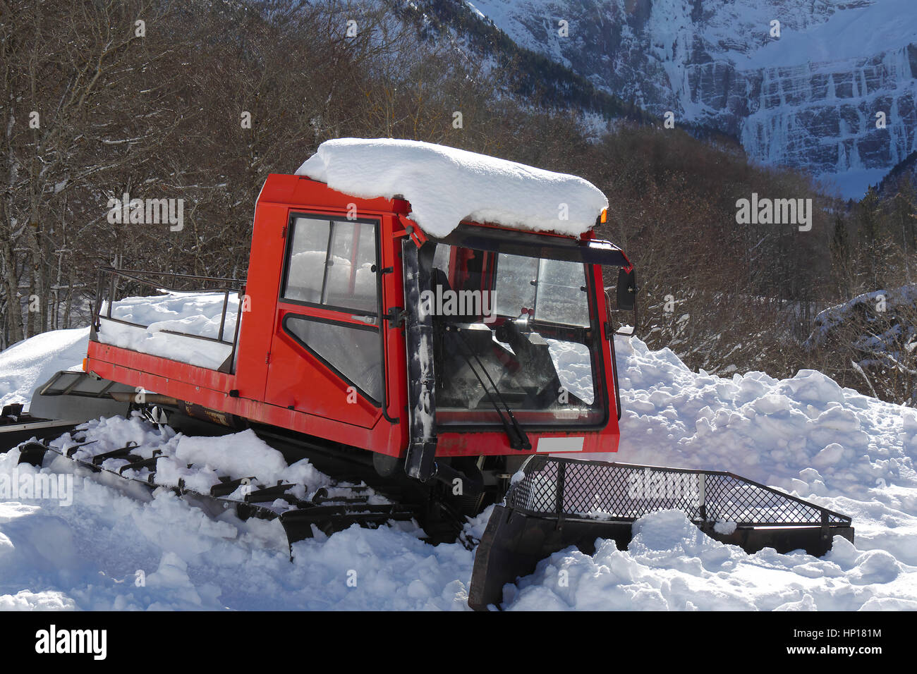 a snowcat, machine for snow removal, preparation ski trails Stock Photo