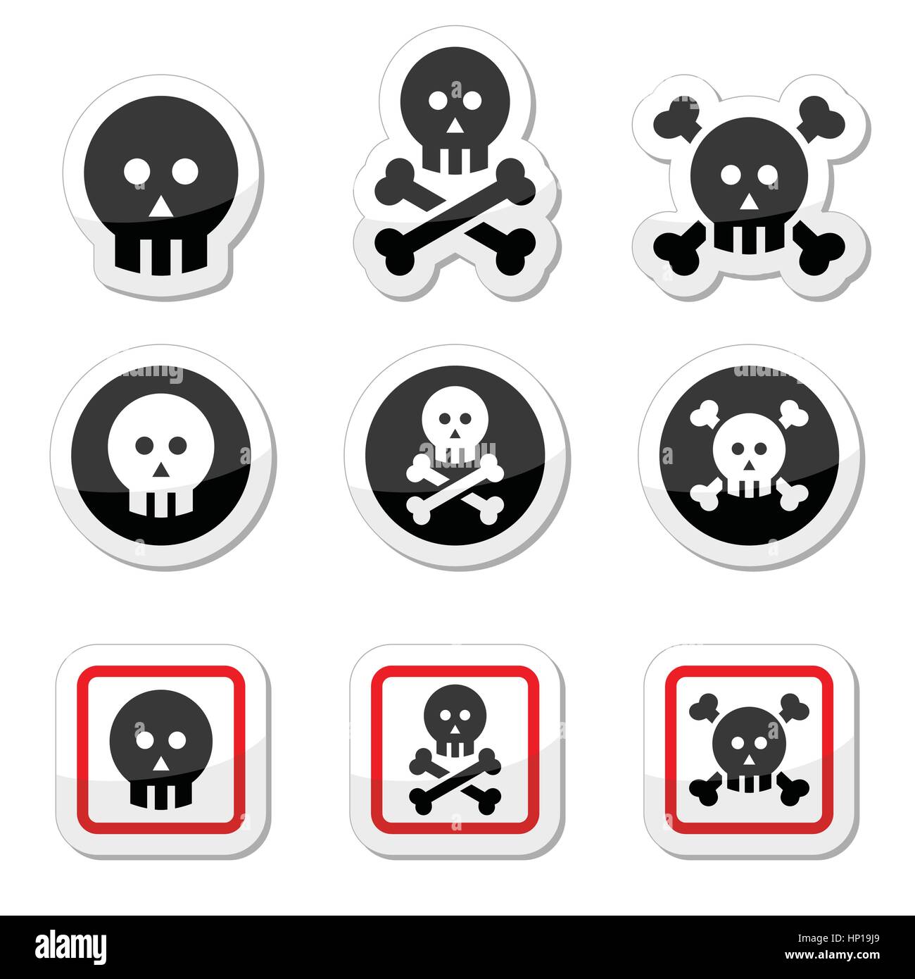 Death, skull with bones vector icons set Stock Vector