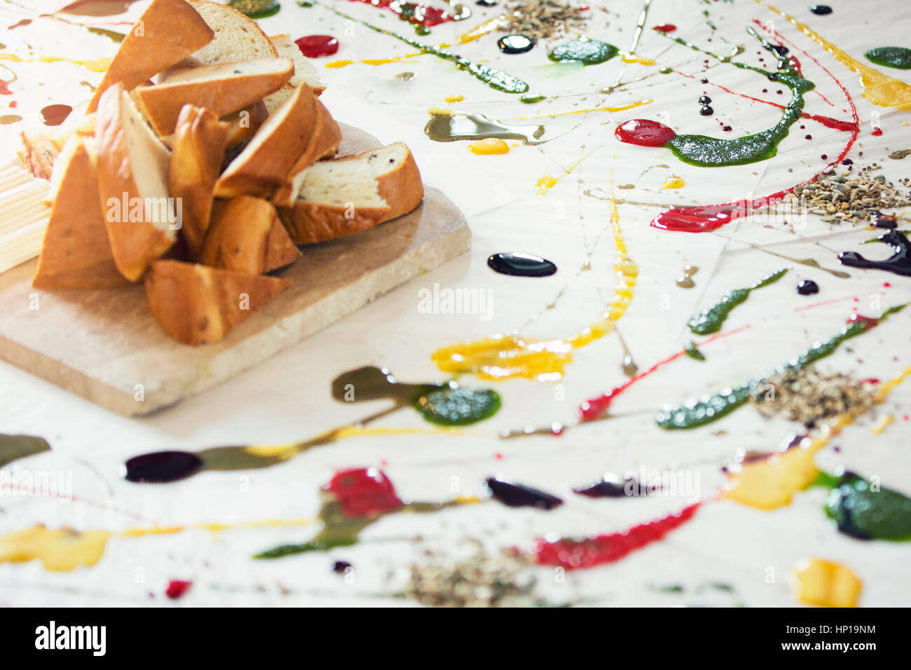 appetizer - bread with differnet colorful sauces Stock Photo