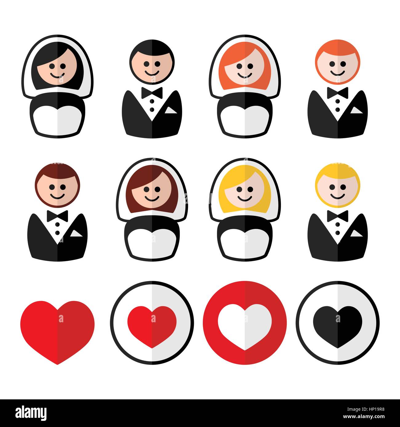 Groom and bride, wedding icons - black, blonde, ginger hair, brunette Stock Vector