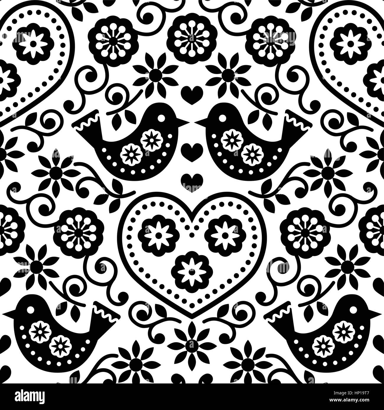 Folk art seamless monochrome pattern with flowers and birds Stock ...