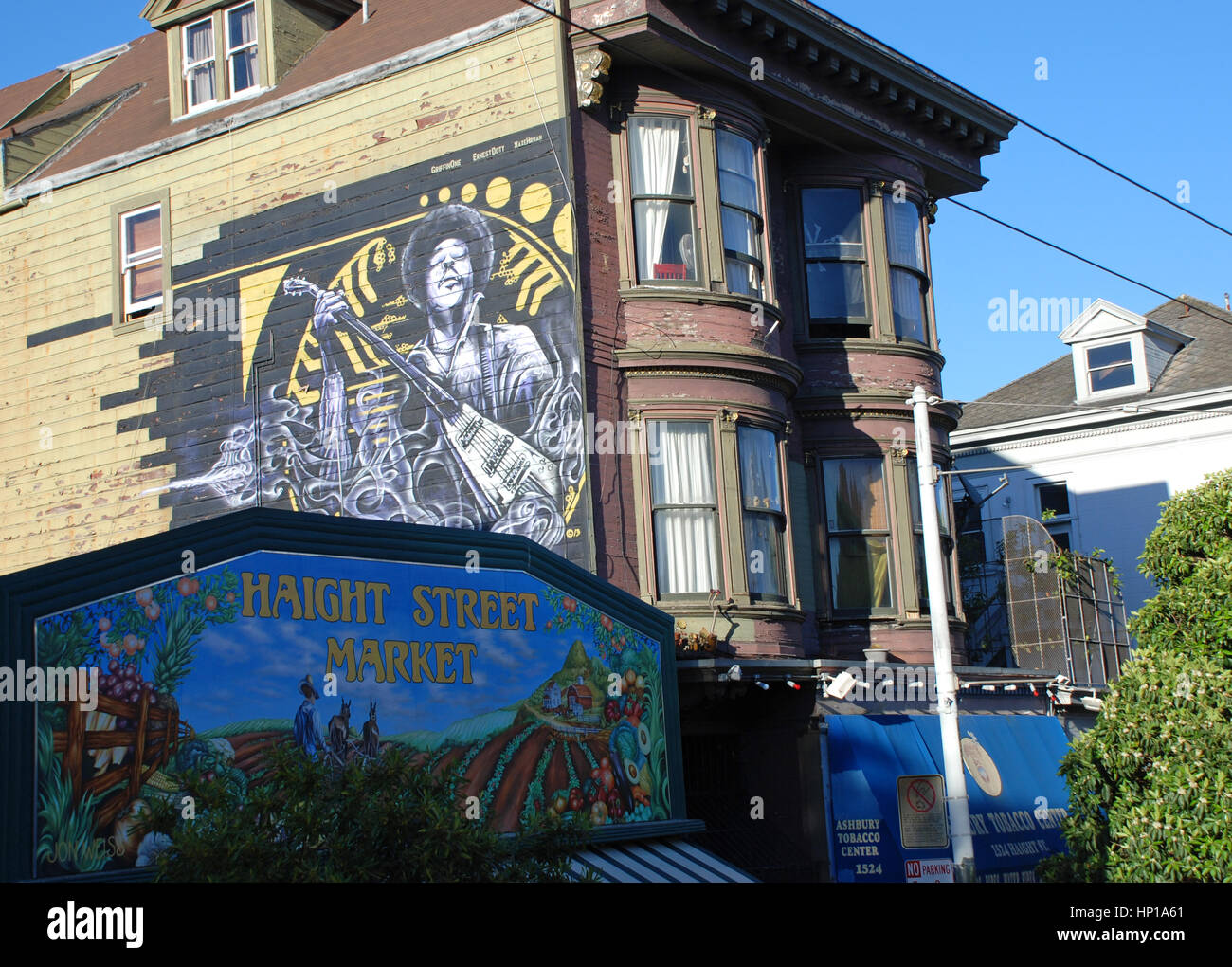 Jimi Hendrix painting on house wall San Francisco Stock Photo