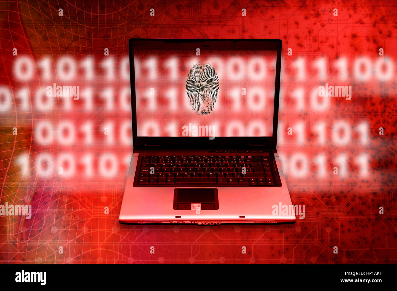 laptop with fingerprint and technology background as concept for internet crime investigation and secure identification Stock Photo