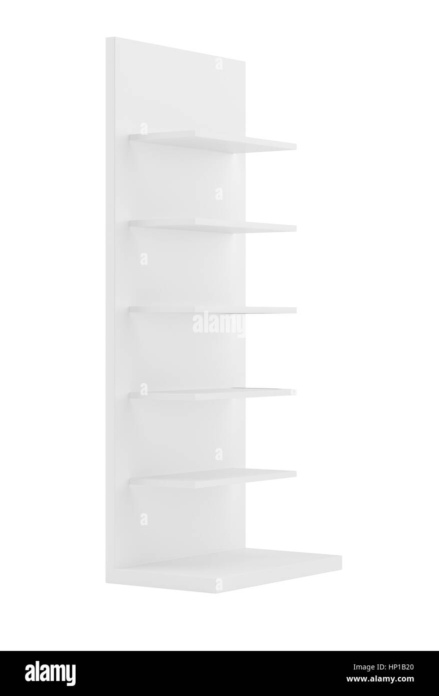 White blank empty showcase displays with retail shelves front view 3D rendering Stock Photo