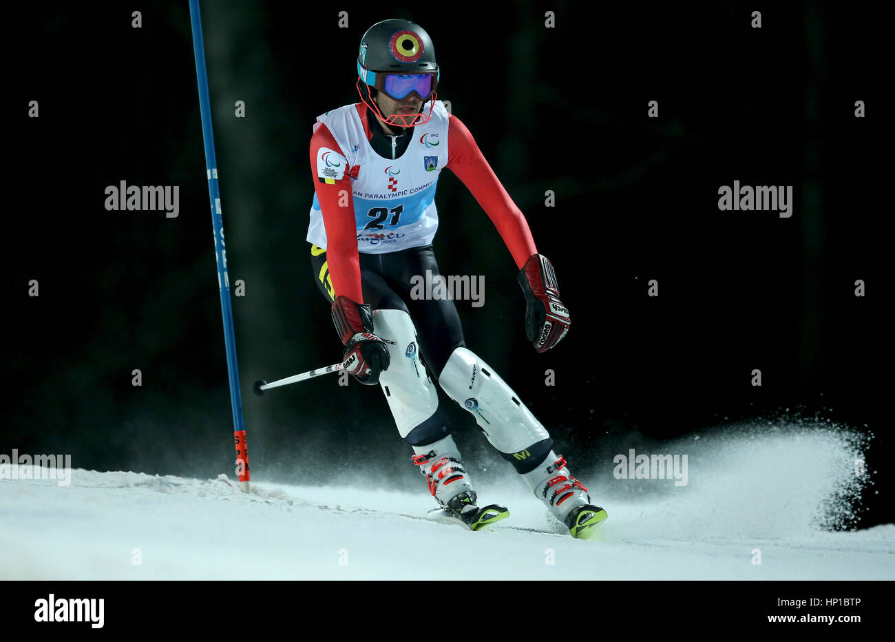Zagreb, Croatia. 16th Feb, 2017. Belgian Para alpine skier Remi Mazi competes during 2nd slalom race of Men's Standing Slalom at 2016-2017 IPC Alpine Skiing Europa Cup at Sljeme in Zagreb, capital of Croatia, Feb. 16, 2017. Credit: Igor Kralj/Xinhua/Alamy Live News Stock Photo